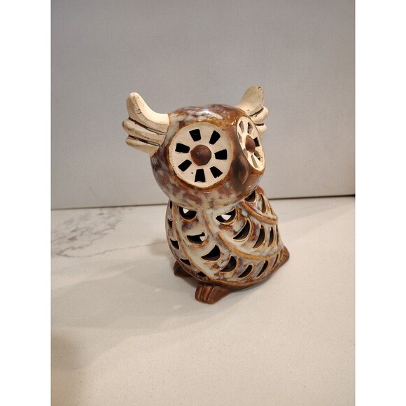 Owl Ceramic Gray & Brown Glazed Incense Tea Light Candle Holder 5 1/2" - Picture 7 of 10